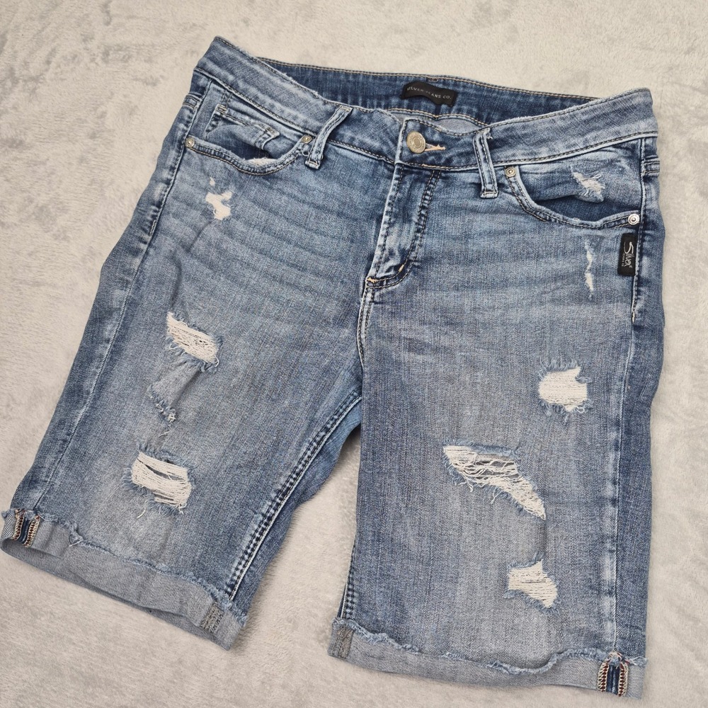 Silver Jeans Suki Bermuda Shorts Womens 30 (32) Distressed Medium Wash Long Jean
